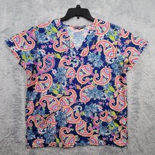 Wear for Care Scrub Top Womens Large Blue Pink Paisley Short Sleeve Pockets
