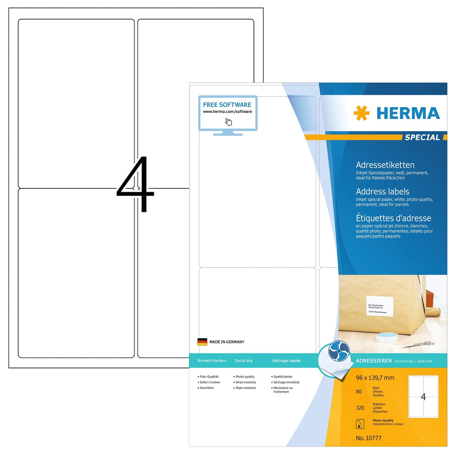 HERMA 10777 Address Labels for Inkjet Printer DIN A4 (96 x 139.7 mm, 80 Sheets,