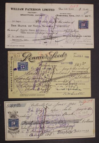 CANADA REVENUE FX64 EXCISE TAX STAMPS USED ON CHEQUES - Foto 1 di 7