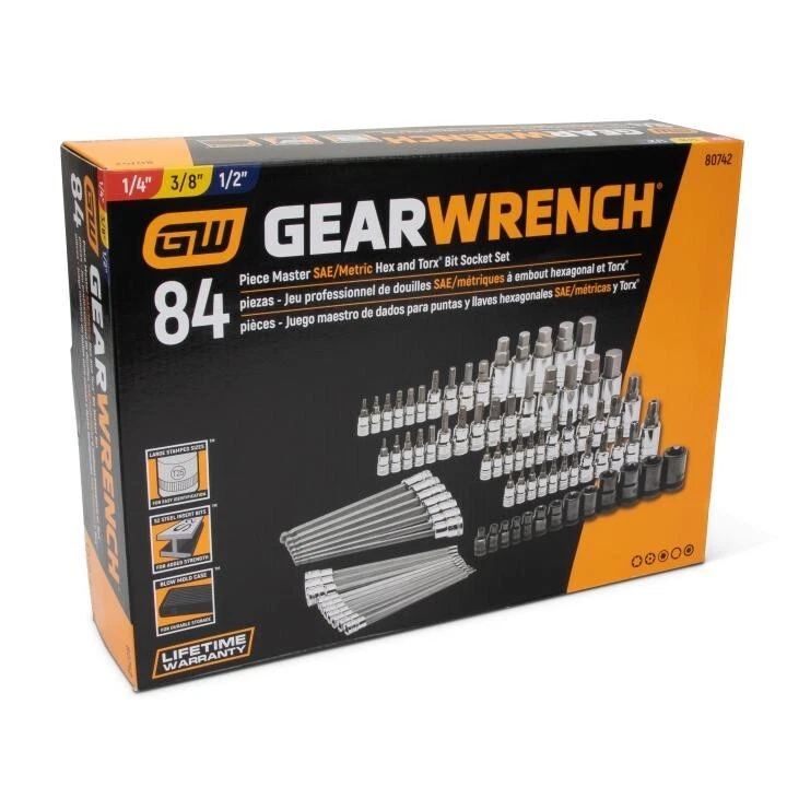 Gearwrench 84pc 1/4 3/8 & 1/2" Drv Metric & SAE Bit Set Hex Ball End Torx 80742