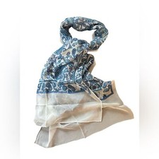 Blue Cream Paisley Damask 100 SILK Handmade Sheer Rectangular Scarf 70X19  