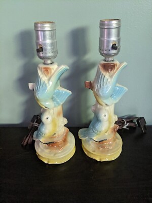 Blue Bird Kissing Antique Lamps. 2 Lamps. Tested And Works. Pre-owned.