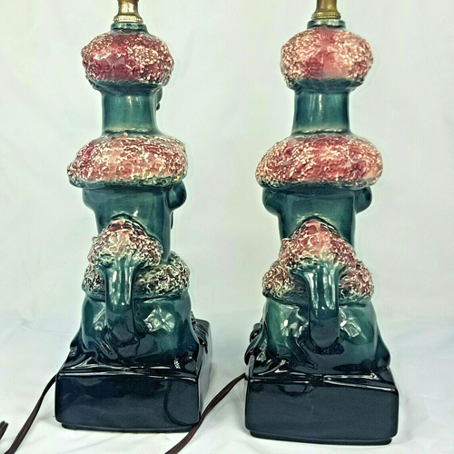 Poodle Table Lamps Vintage PAIR Blue/Burgandy/Black Glaze Ceramic KItsch Dog 12" - Picture 5 of 12
