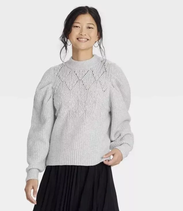 A New Day Women s Puff Sleeve Pullover Sweater XS Gray Crochet NWT