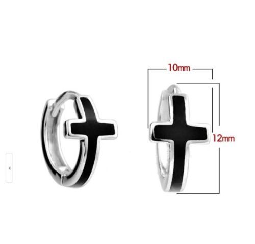 Men Women Sterling silver Hoop Black Enamel Cross Stud Earrings Gift box K39