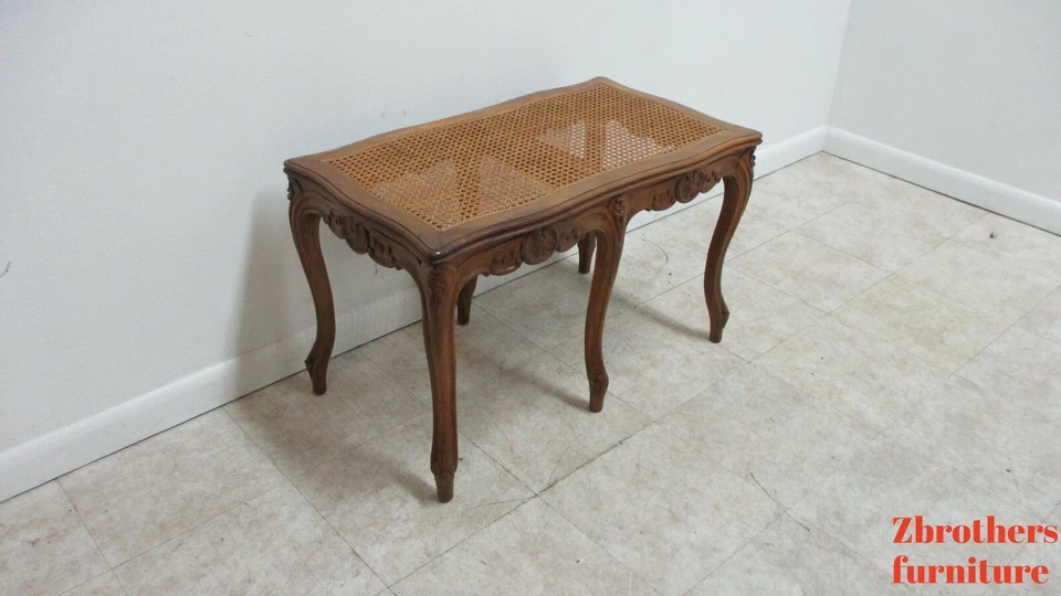 Antique Quality French Country Carved Cane Bench Stool Coffee Table - Image 2 of 4