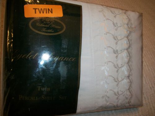 3 PIECE TWIN  SHEET SET WHITE EYELET PERCALE 180 BY COLONIAL HOME NEW IN PACKAGE - Picture 1 of 12