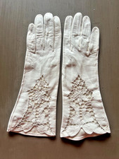 Vintage Kid Skin Leather Gloves White Lace Panel Edwardian Theater Costume XS/S