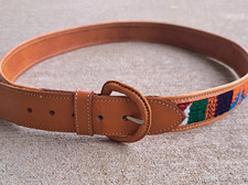 Handcrafted Tan Leather/Fabric Serape Guatemalan Mexican Style Belt 38"