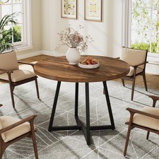 31.5" Round Dining Table for 2 Industrial Metal Base Rustic Brown Black