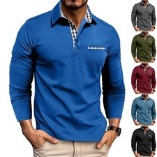 Casual Plaid Splicing Lapel Polo Shirt Fashion Solid Color Long Sleeve Top Men's