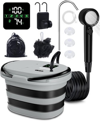 Verbesserte 2 in1 tragbare Dusche mit 20L faltbarem Eimer, Ipx8, LED-Display, R