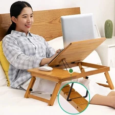 Over Bed Table Adjustable Folding Desk Portable Bamboo 4 Tilt Angles