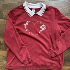 Vtg 90s Top Sweatshirt Womens XL Burgundy Heart Floral Collar Granny Retro D4