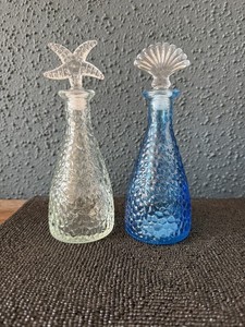 Shore Living Clear and Blue  Dimpled Glass Bottles with tropical tops  Set of 2