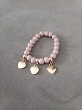 Lilac/Heather Stretch Bead Bangle Bracelet with Heart Charm Gold Tone
