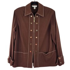 St. JOHN SPORT By Marie Gray Brown Full Zip Blouse Jacket Gold Retro Sz P