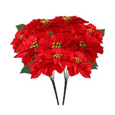 Poinsettias Artificial Christmas Flowers Bouquet 2 Pack Large Red Poinsettia ...