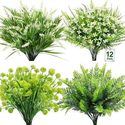 12 Bundles 4 Styles Fake Plants Artificial Plants Outdoor, UV Resistant No Fade