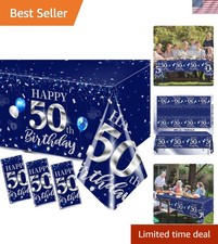3Pcs 50th Birthday Tablecloth Decorations Sliver and Blue Table Cover Plastic...