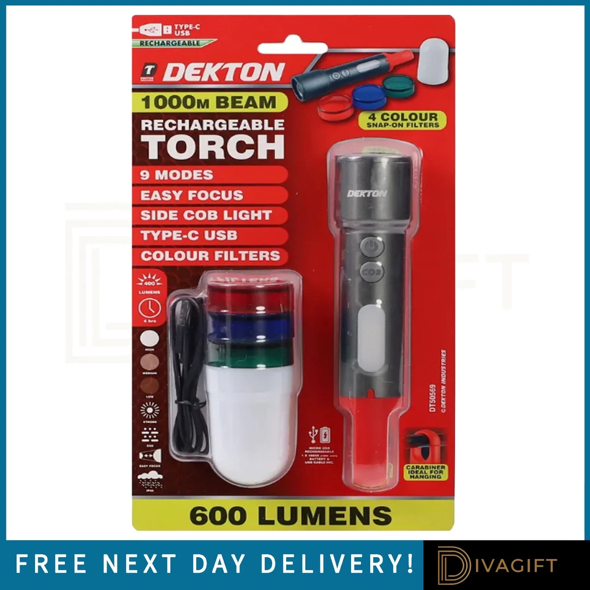DEKTON ANTORCHA MAZORCA RECARGABLE 600 LÚMENES FILTRO COLOR MULTIFUNCIÓN LUZ FLASH