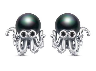 V617 GORGEOUS SILVER  IRIDESCENT PEARL OCTOPUS EARRINGS