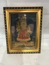 Aina Kavens Santa Artwork Folk Art Gold Frame Artist Note Signed