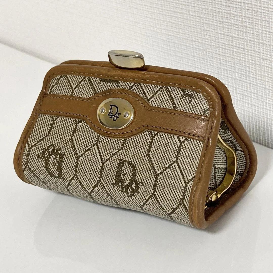Porte monnaie Christian Dior nid d'abeille marron PVC cuir authentique du Japon RA