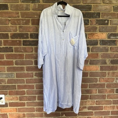 Soft Surroundings Linen Dress Blue White Striped Embroidered Side Slits 3X  | eBay