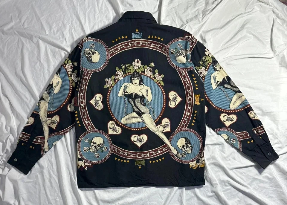 Vintage JPG Jean Paul Gaultier Pinup Girl Skull Graphic Shirt Black Men Size 48 image 3