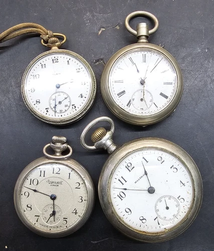 Lot O 4 Antique Silver Pocket Watches American Waltham Ingersol, Not Rnng C Pics