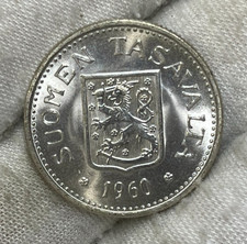 1960 Finland 100 Markkaa Silver Coin Key Date 290,000 Mintage BU Condition