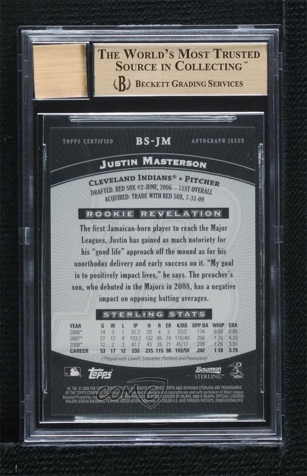 2009 Bowman Sterling Justin Masterson #BS-JM BGS 9.5 GEM MINT Auto - Image 2 of 2
