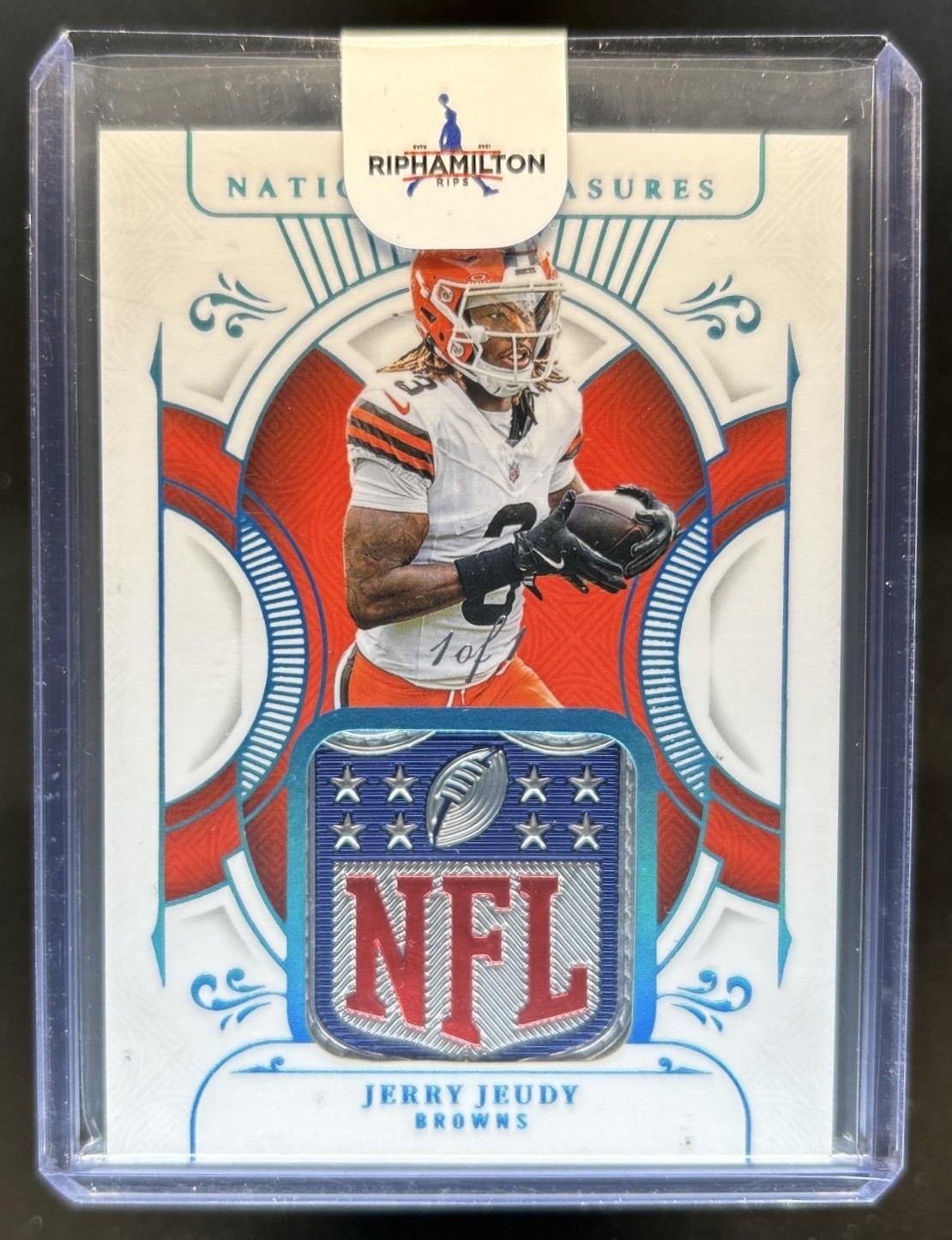 2025 National Treasures Jerry Jeudy Treasured Patch NFL Shield Platinum #1/1