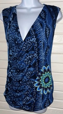 Desigual Sz LARGE Blue Green Floral Mandala Print Knit Blouse Faux Wrap EUC