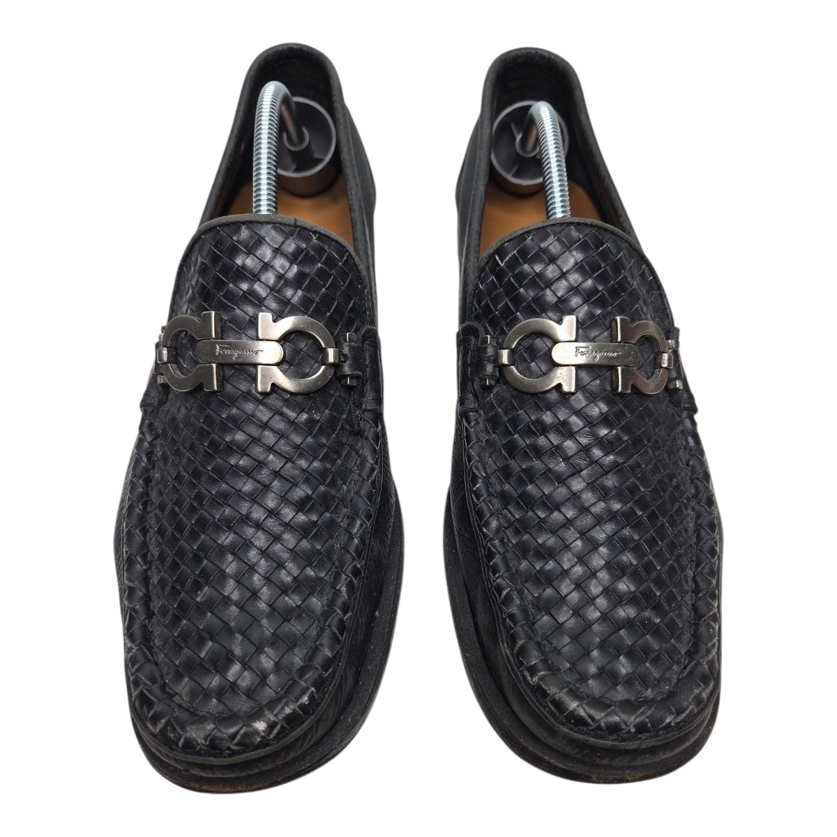 SALVATORE FERRAGAMO black woven leather chrome horsebit loafers