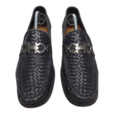 SALVATORE FERRAGAMO black woven leather chrome horsebit loafers