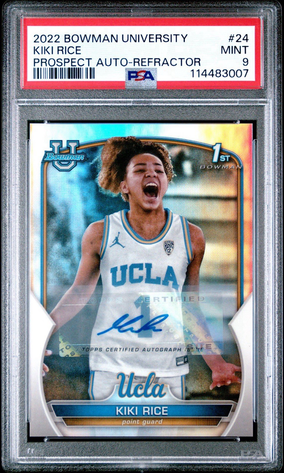 2022 Bowman Chrome University Kiki Rice Rookie 1st Auto Refractor /499 PSA 9