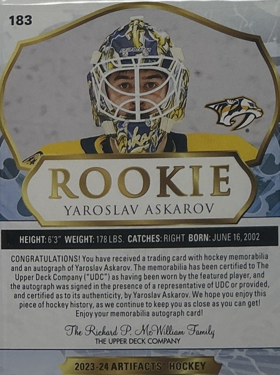 Yaroslav Askarov Rookie Auto PSA 8/10-2023 Upper Deck Artifacts Gold w/Relic /99 view 7