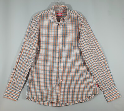 Izod Mens Medium Slim Fit Orange Tartan Plaid Button Collared Long Sleeve Shirt