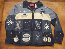 Vintage Winter Snowman Snowflake Bells Women's Large Cardigan Sweater Full Zip