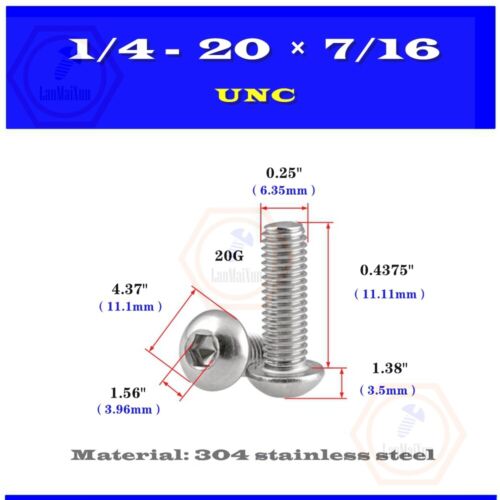 Tornillos de cabeza de botón hexagonal Allen de acero inoxidable 304 británico 1/4-20UNC - Imagen 4 de 20