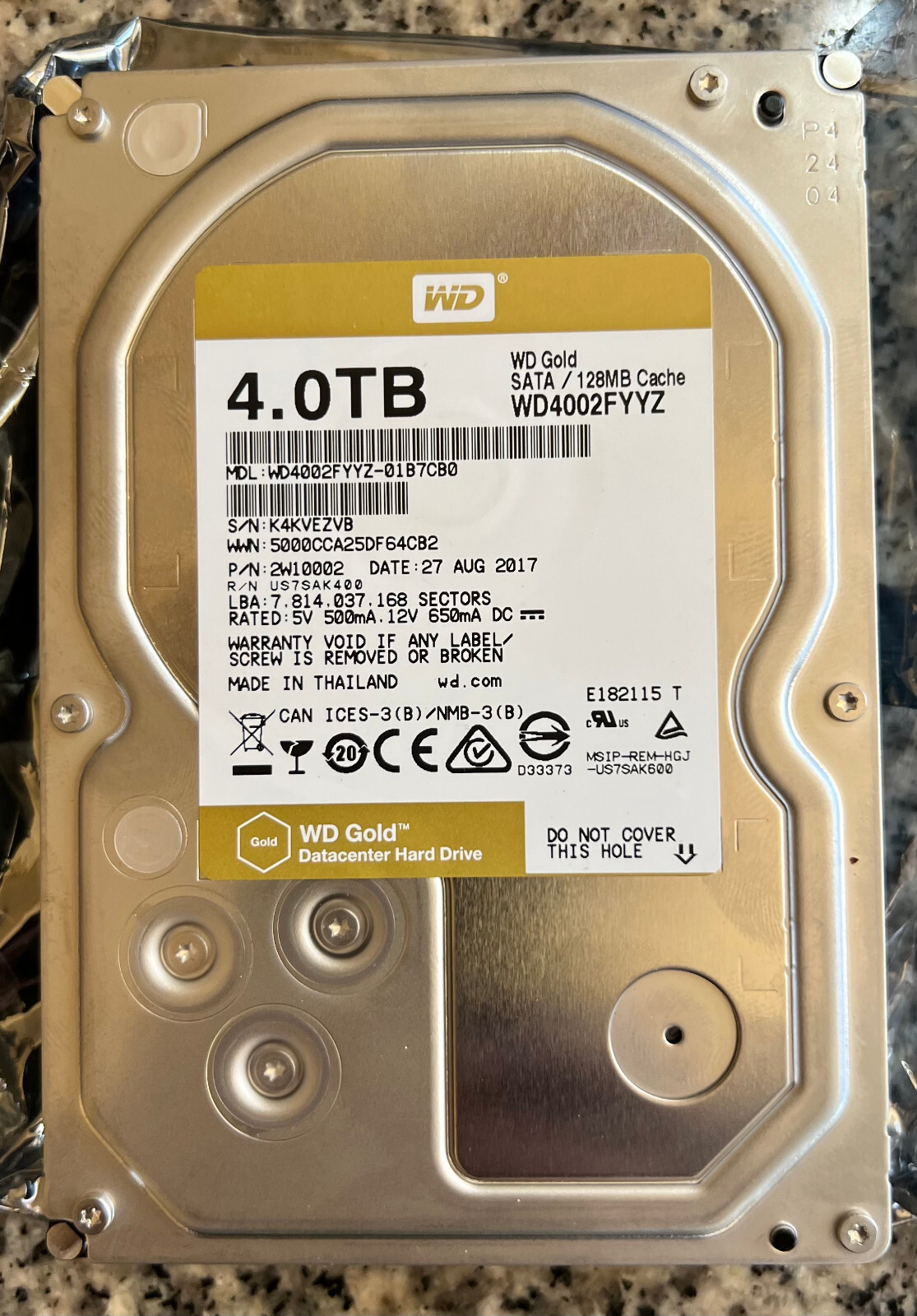 WESTERN DIGITAL GOLD 4.0TB SATA HARD DRIVE 128MB CACHE WD4002FYYZ INTERNAL DRIVE