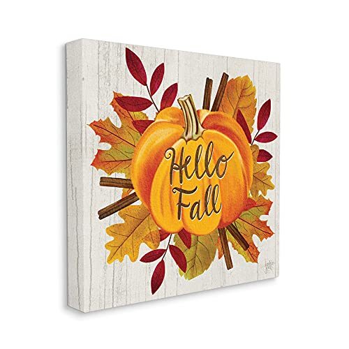Stupell Industries Hello Fall Sentiment Orange Pumpkin Autumn Tree Leaves Des...