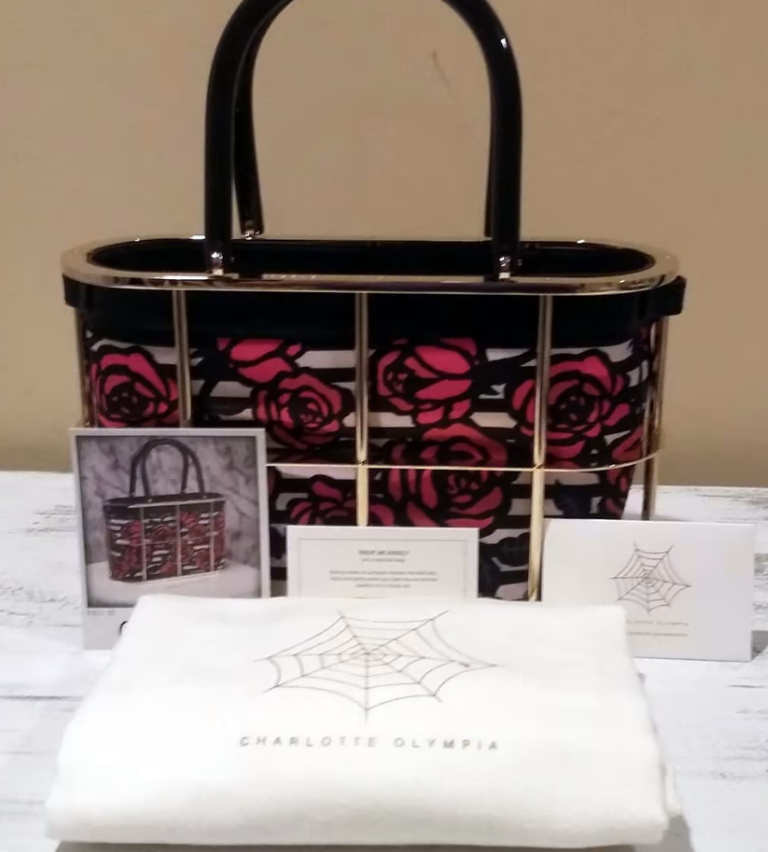 Charlotte Olympia Red Rose Detail Black White Stripe Cage Tote