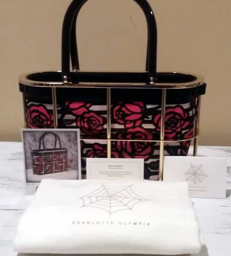 Charlotte Olympia Red Rose Detail Black White Stripe Cage Tote - Image 2 of 4