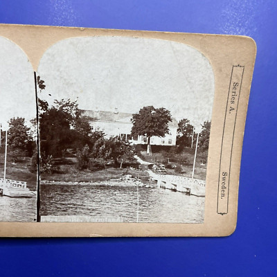 Antique Stereoview Card Gust A Johnson Sweden Waterfront Property Dock Lake