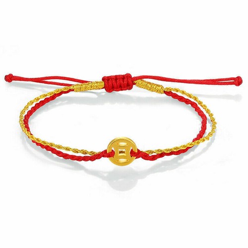 Real 999 24K Yellow Gold Bracelet 3D Craft Coin Bead Lucky Gold Red Cord Bangle - Picture 5 of 5