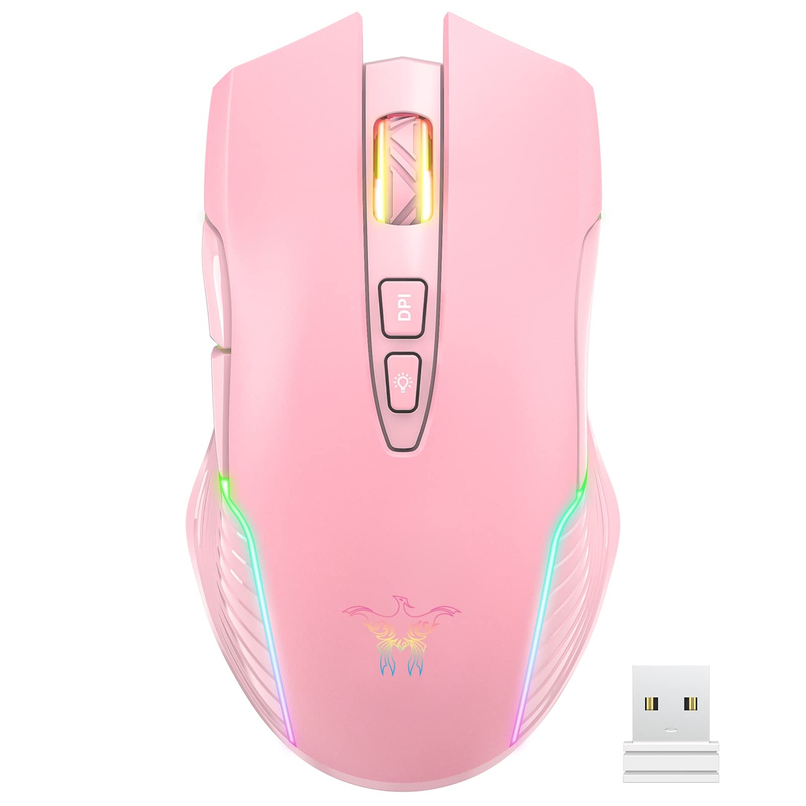 SIMGAL Pink RGB Wireless Rechargeable Ergonomic Gaming Mouse with Adjustable DPI