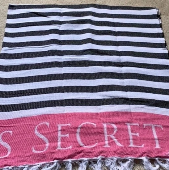 Victoria s Secret Beach Blanket Pink Black Striped Fringe Cotton